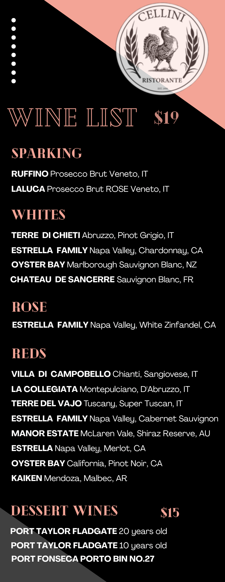 Cellini Restaurant Wine By The Glass Menu